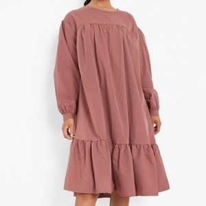 Boohoo Drop Hem Gathered Midi Smock Dress